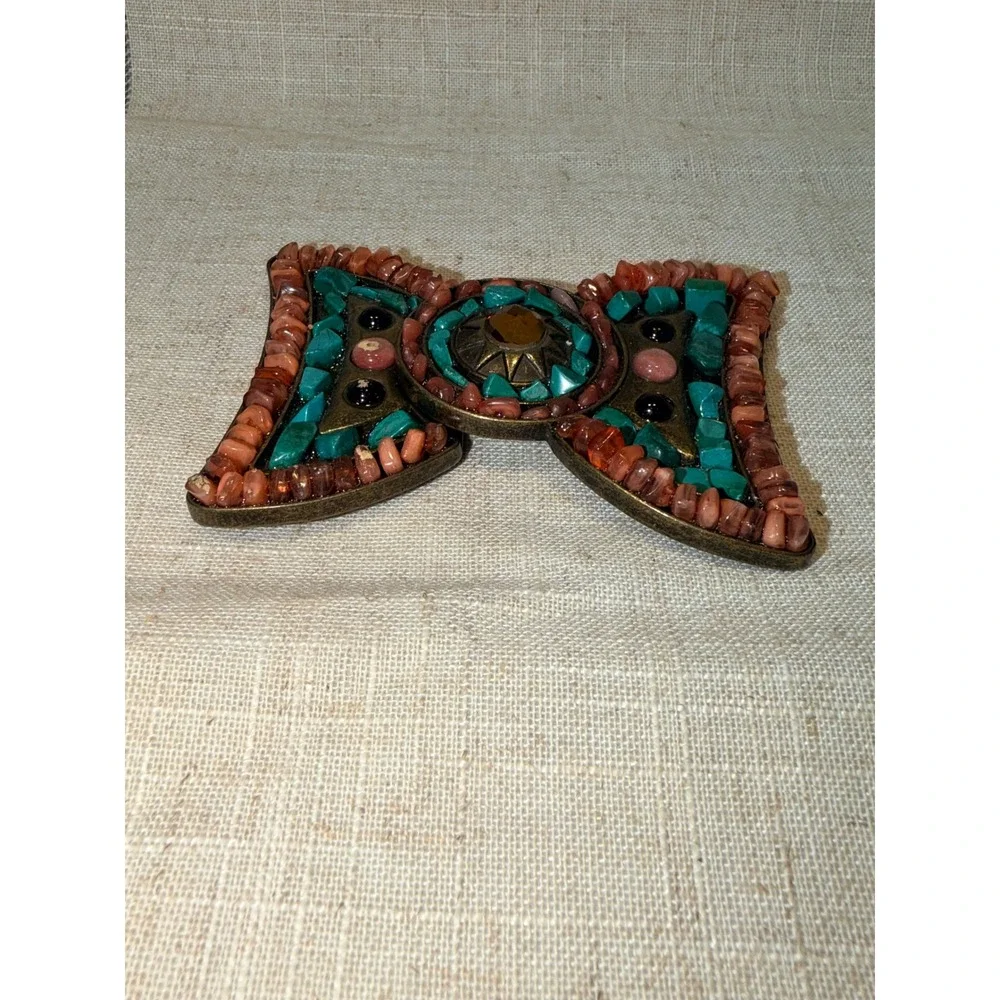 Vintage Style Faux Turquoise Coral Mosaic Bow Belt Buckle Western Boho Brass